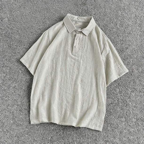 Ceisia Breathable Cotton-Linen Polo Shirt Men's Relaxed Fit Short Sleeve Solid Color Casual Top Beige XXL Gifts