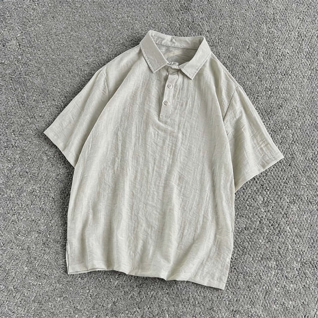 Ceisia Breathable Cotton-Linen Polo Shirt Men's Relaxed Fit Short Sleeve Solid Color Casual Top Beige XXXL Gifts