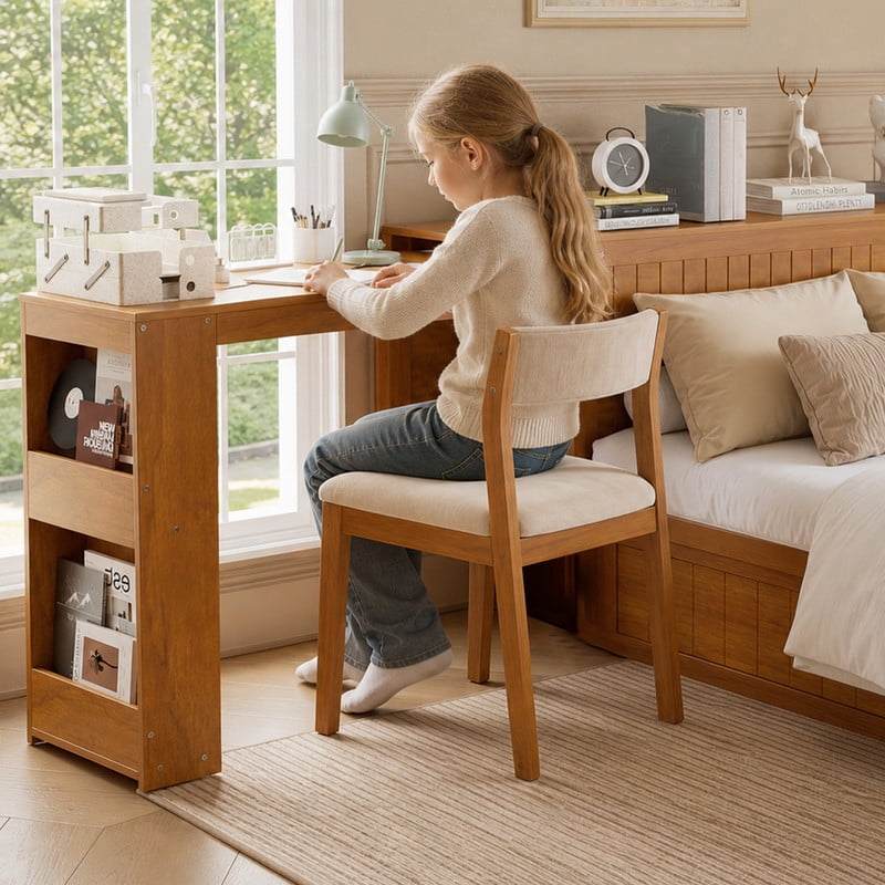 Twin Size Platform Bed with Pull-Out Hidden Desk, Wood Storage Bed Frame with Headboard Shelving & Footboard Drawer