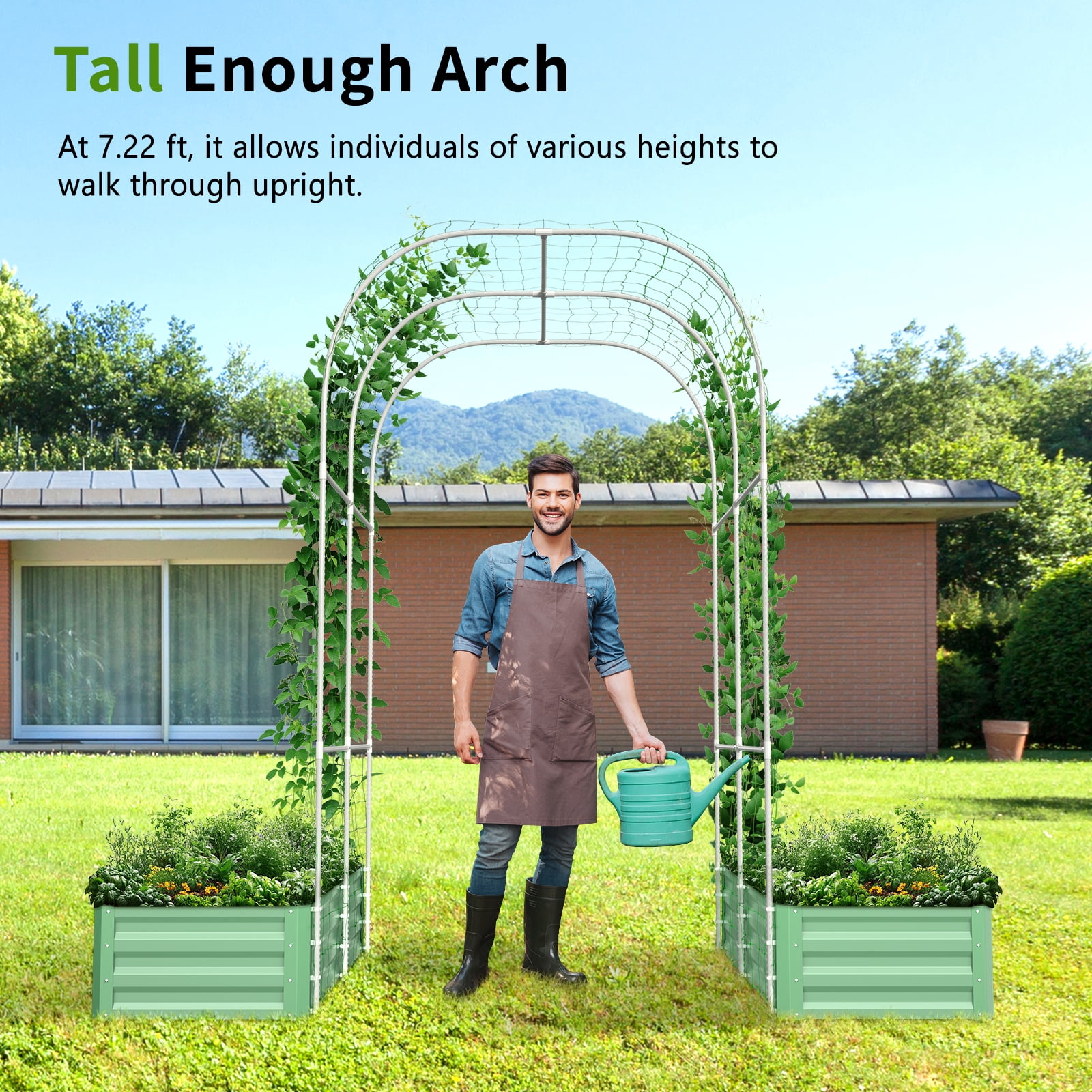 MOPHOTO 3 in 1 Raised Garden Bed with 87in Tall Arch Trellis for Climbing Plants, Galvanized Planter Garden Box Outdoor for Gardening, Climbing Vegetables, Flower, Green