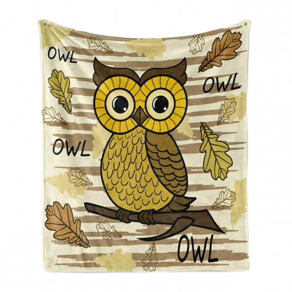 Owl Print Soft Flannel Fleece Throw Blanket, Calligraphic Animal and Autumn Leaves, Cozy Plush for Indoor and Outdoor Use, 50" x 70", Taupe Orange Ivory, by Ambesonne