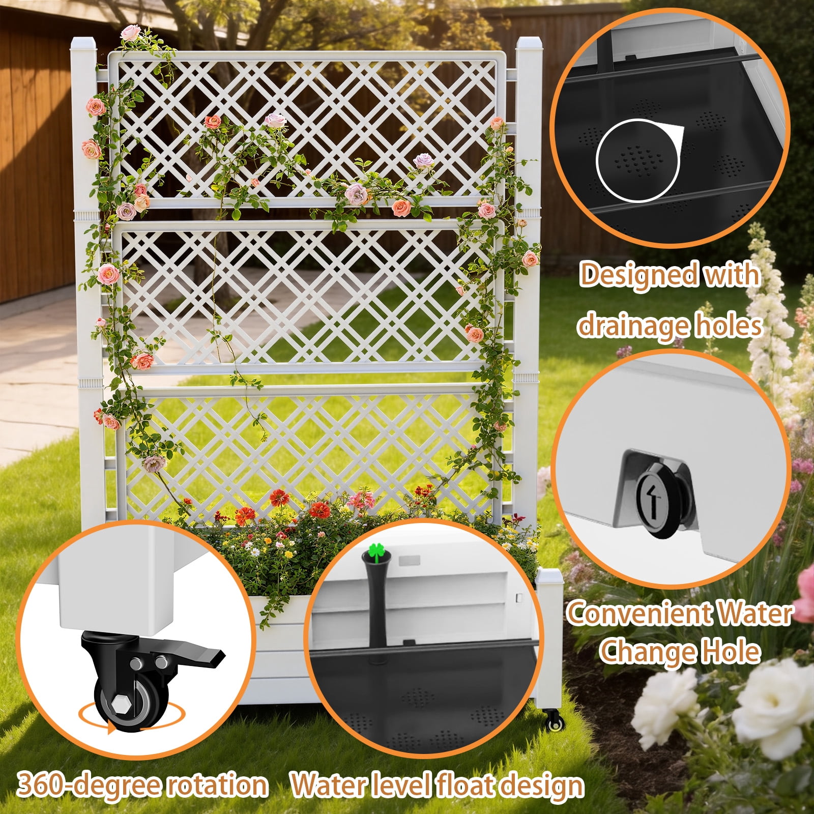 Fazzn Raised Garden Bed with Trellis, Large Outdoor Planter Trellis Box with Drainage Holes and Wheels for Climbing Plants.(Ashen）