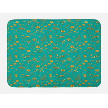 Floral Bath Mat, Continuous Various Herbarium Flowers Botanical Nature Illustration, Plush Bathroom Decor Mat with Non Slip Backing, 29.5" X 17.5", Pale Orange Dark Seafoam, by Ambesonne