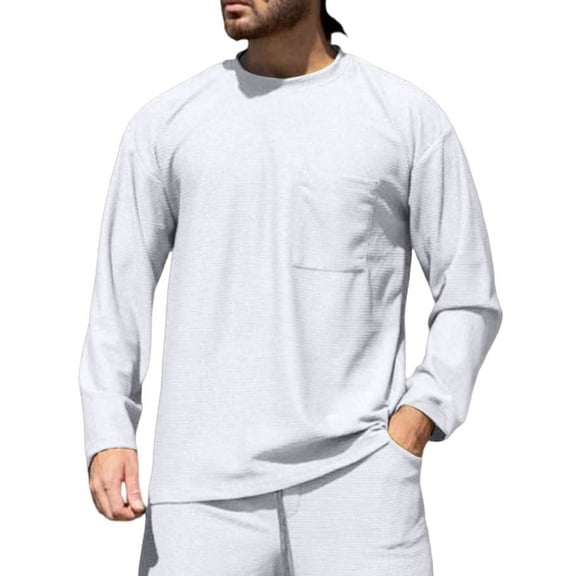 BRGZLK Men's Cotton Tops Solid Color Long Sleeve Fashion Loose Fit Crewneck Casual T Shirt with Pocket White XL