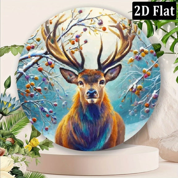 1pc Rustic Deer Wreath Round Metal Sign, 2D Flat Print, Festive Wall Decor for Kitchen, Garden, Office, Christmas, Iron, Door Mounted, No Power Required 8*8inch