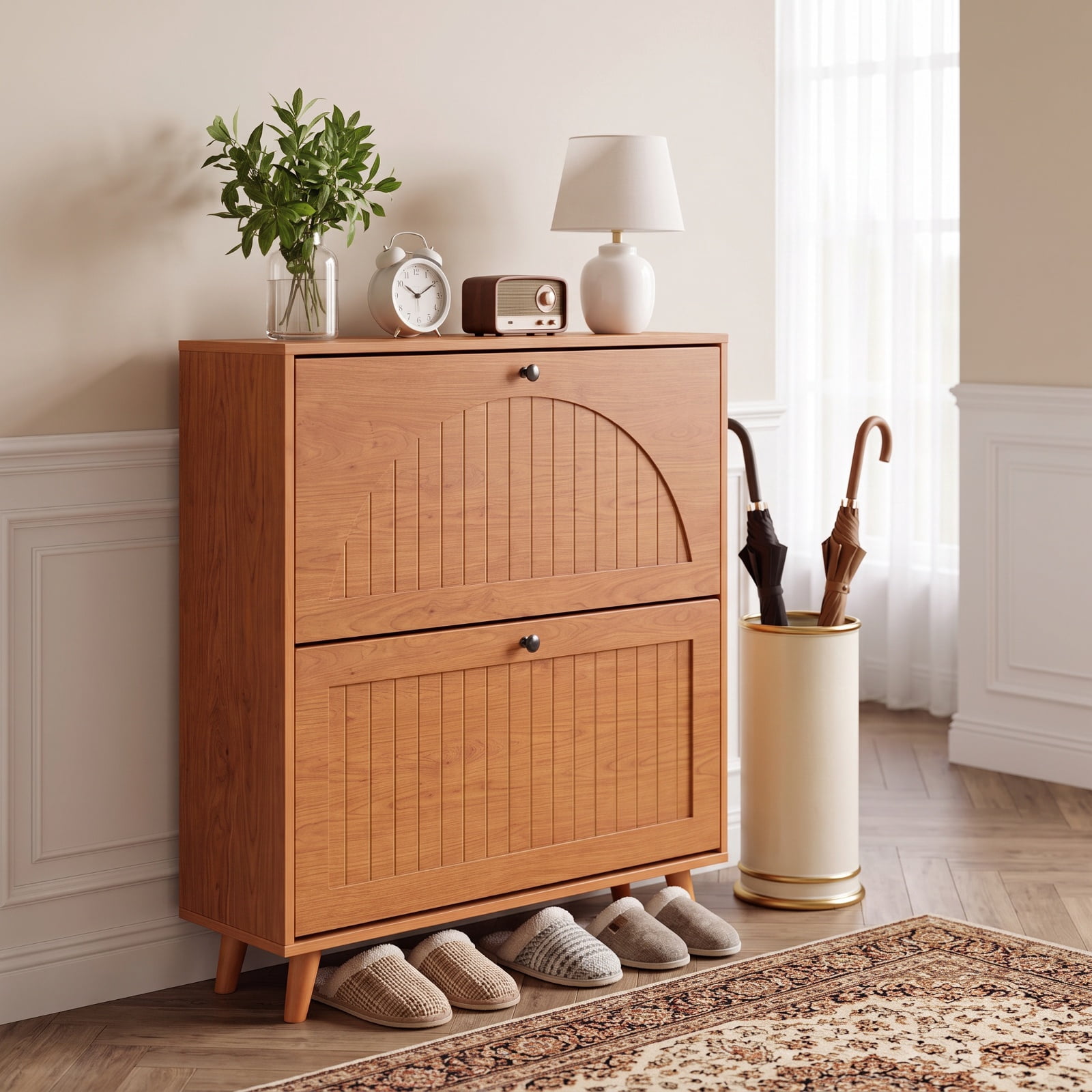 Furnibear Narrow Shoe Cabinet with Adjustable and Removable Shelves for Entryway Foyer Hallway Slim Shoe Storage Organizer, Oak