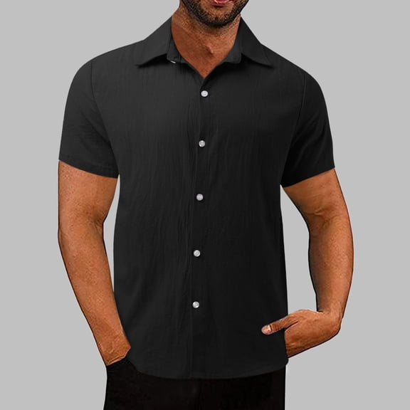Men Solid Button Down Beach Shirts Short Sleeve Loose Tops Holiday Blouse Tee Handsome Casual Shirt Black L