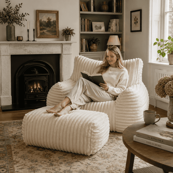 Sanae Beige Oversized Plush Bean Bag Chair with Ottoman, Memory Foam Single Sofa for Adults & Kids, for Living Room, Bedroom & Game Room, Off White