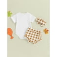 thumbnail image 4 of LMLYSoH Infant Girl Thanksgiving Jumpsuit Letter Short Sleeve Romper + Ruffled Plaid Print Shorts + Bow Headband, 4 of 9
