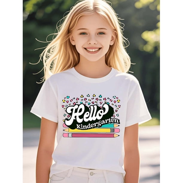Girls' Summer Casual Cotton T-Shirt - Cotton Round Neck Tee with "Hello Kindergarten" Print, Vibrant Colors & Stars Design for School, Playdates & Casual attire, Cute T Shirts
