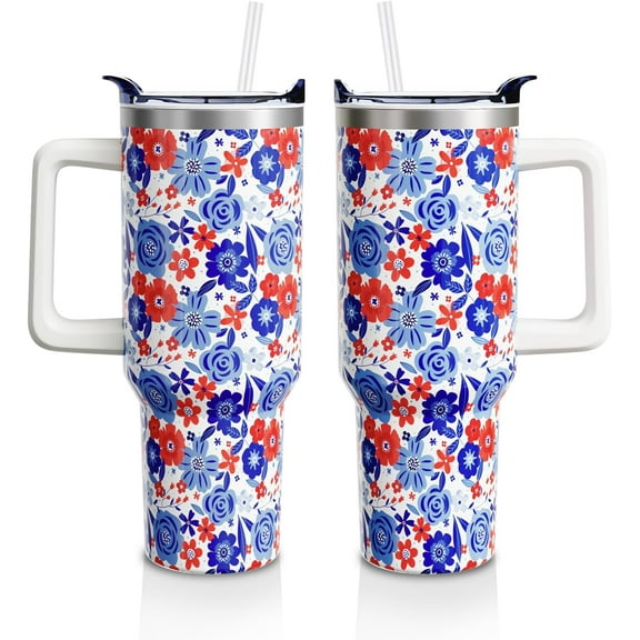 40oz Patriotic Tumbler with Handle, Straw & Lid - Red and Blue Floral Stainless Steel Insulated Water Bottle - 4th of July Gifts for Women and Men