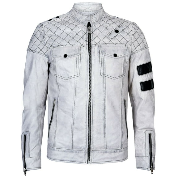 Mens Vintage Quilted Leather Biker Jacket-Southwell in White