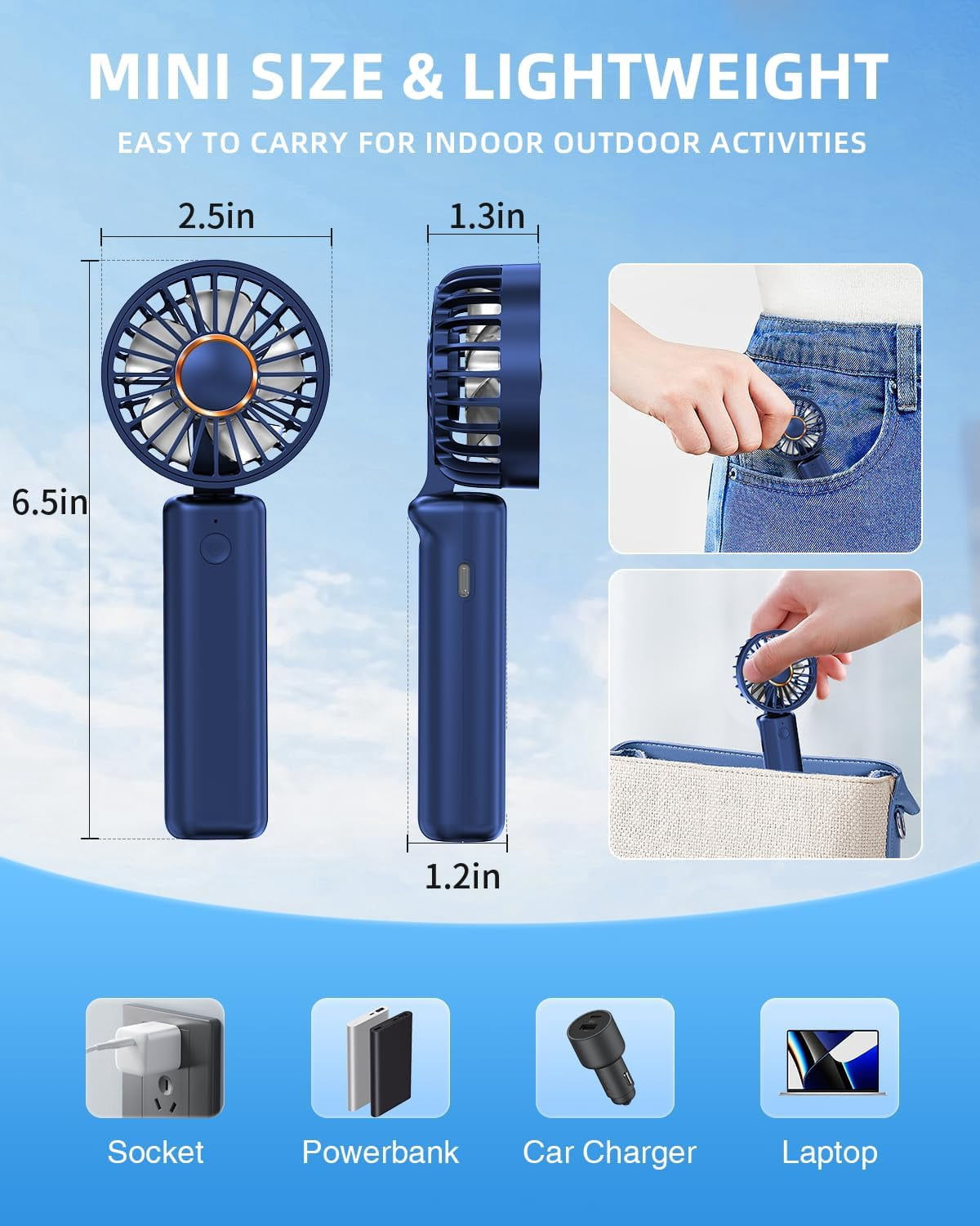 Portable Handheld Fan,Mini Portable Fan, 2000mAh Rechargeable USB Fan, 3 Speed Personal Small Desk Fan,Strong Airflow,Super Quiet, Pocket Fan with Carabiner for Girl Women Home Outdoor Indoor -Blue