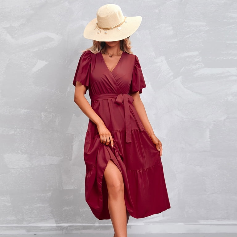 Tumotour Summer Dress For Women Maxi High Waist Ruffle Summer Casual Dress  With Belt V-Neck Short Sleeve 2025 Beach Mini Dresses