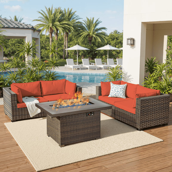 TANGJEAMER 5 Piece Patio Furniture Set with Fire Pit Table, All Weather Outdoor Sectional PE Rattan, Patio Conversation Sets with Cushions and Glass Coffee Table for Garden Lawn Balcony, Red