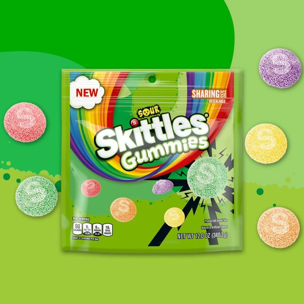 Skittles Sour Gummies, Assorted Fruit Flavors Candy, Resealable 12-Ounce Sharing Size (Pack of 4)