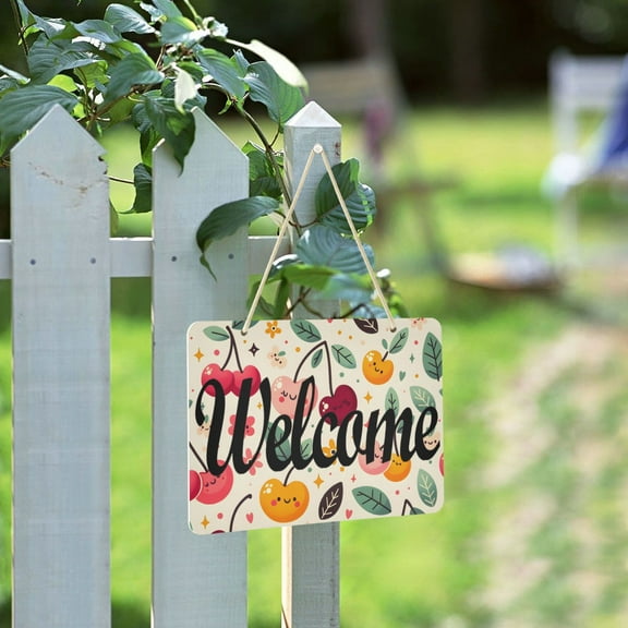 Cherry Leaves Flowers Welcome Sign for Front Door Porch Wreath Door Sign Home Decoration Rustic Farmhouse Style