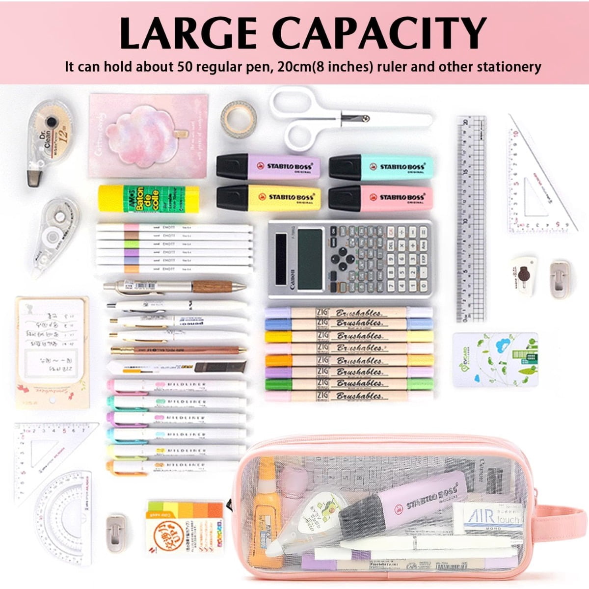 8pcs Pencil Case and Pens Set, 1 Large-capacity Mesh Pencil Case and 7pcs Glitter Rhinestone Beadable Pens Bulk Set, Clear Pen Pouch with Zipper and Handle, Multifunctional Stationery Bag and Pen Set