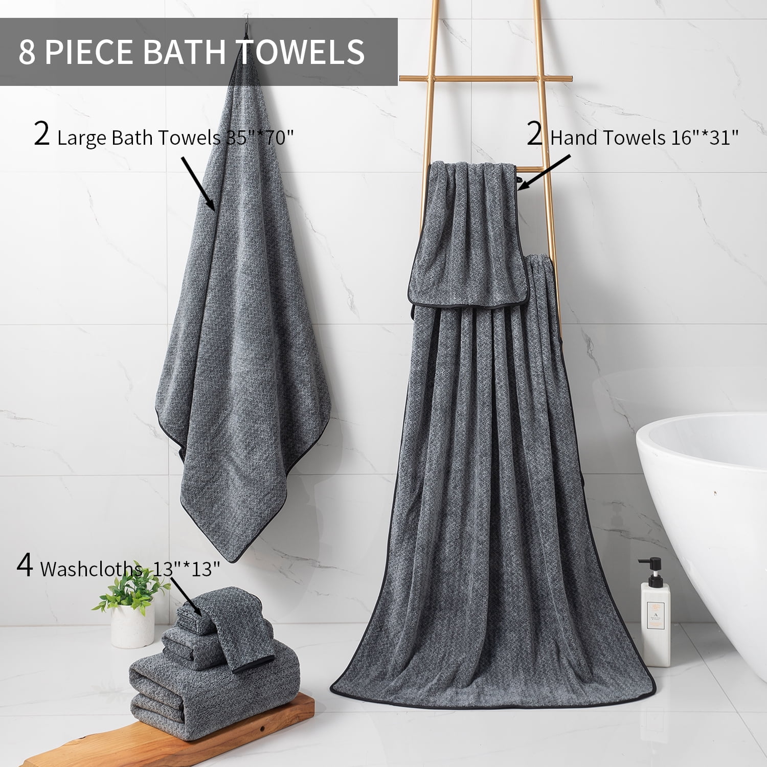 Kebury Bath Towels Set of 8, 2 Large Bath Sheets, 2 Hand Towels, 4 Washclothes, Soft Microfiber Shower Towel Quick Dry High Absorbent Family Hotel Bathroom Towel Set Collection (Black)