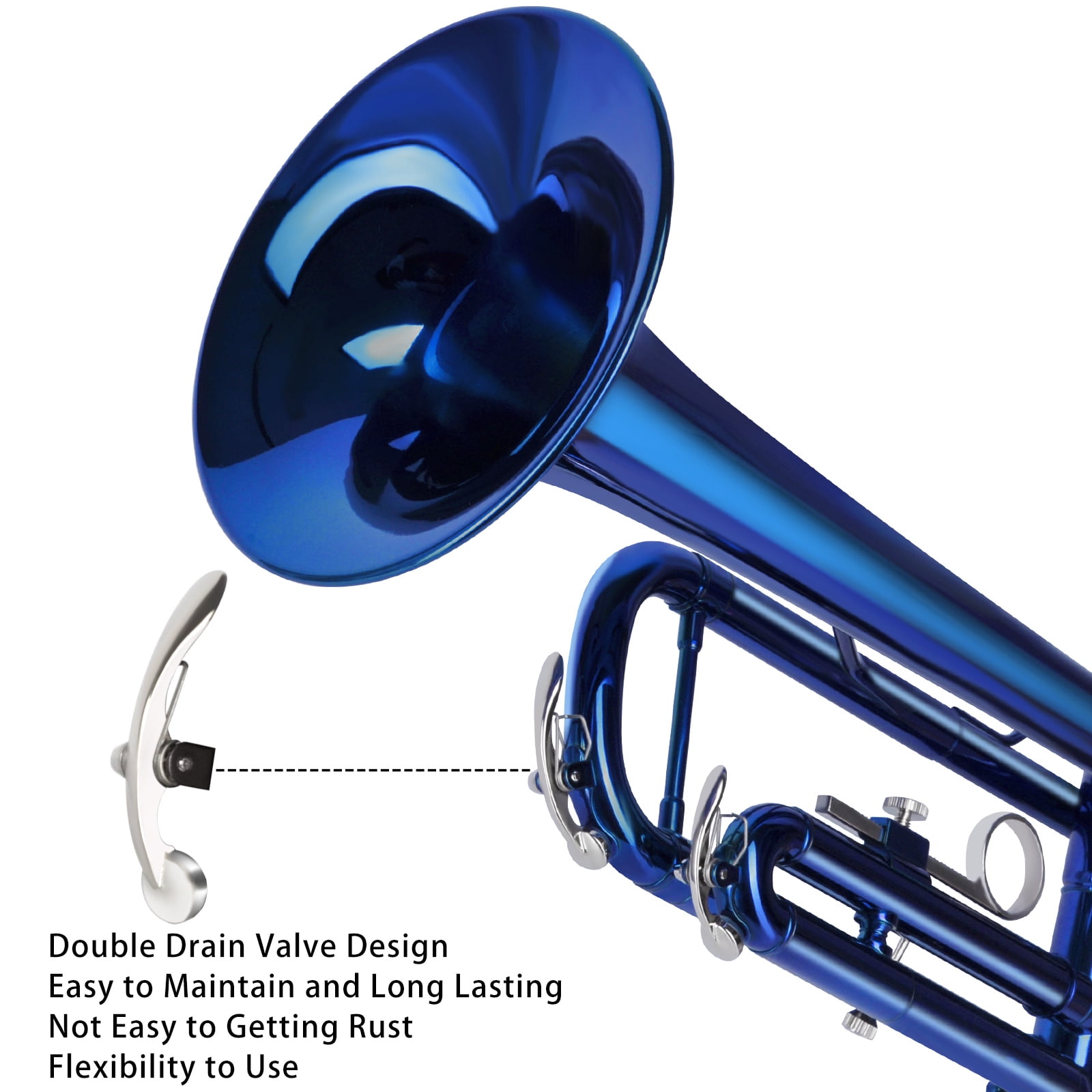 EASTROCK Bb Trumpet Precision Valves with Double Drain & Sweat-Proof Grips Pro Care Kit Included for Novice User Dark Blue