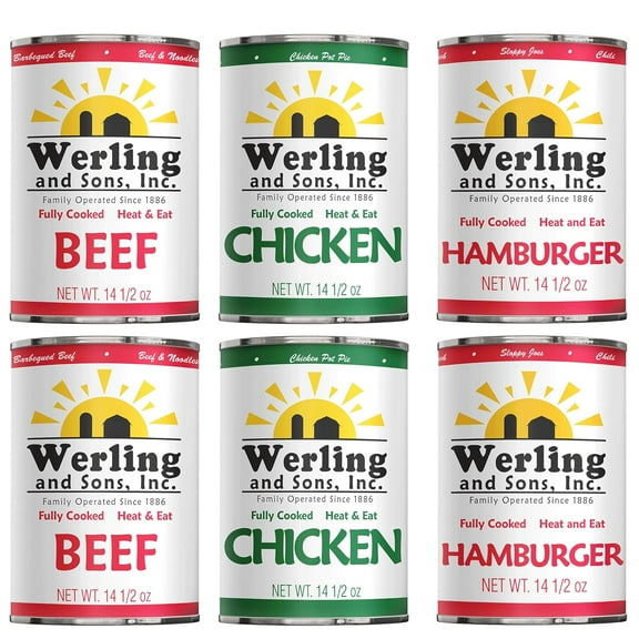Werling & Sons Canned Meat Variety Pack 14.5 Oz Fully Cooked & Ready to Eat Includes 2 Hamburger, 2 Chicken and 2 Beef Shelf Stable Emergency Canned Food for Long Term Storage, Camping & Quick Meals