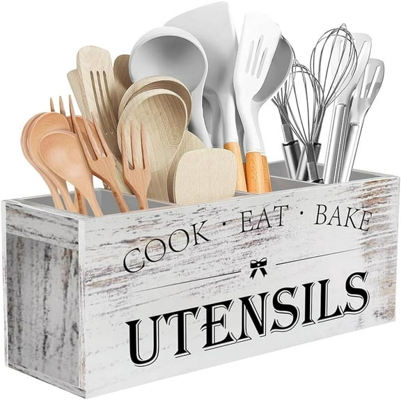 Xuet Extra Large Kitchen Utensils Holder with 4 Compartments, Wooden Utensil Organizer for Kitchen Countertop, Farmhouse Decor, Rustic Cooking Utensil - White grain