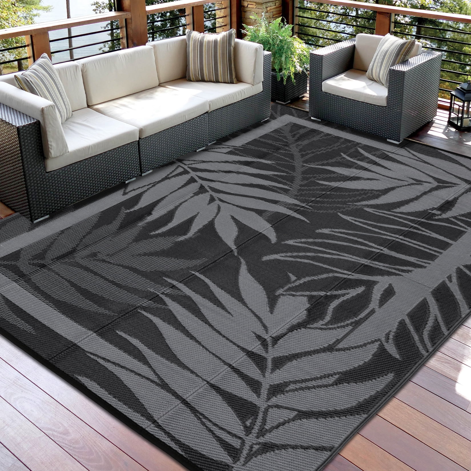 Garvee 8'x10' Waterproof Outdoor Rug Leaf Pattern Bordered Plastic Patio Mat, Modern Reversible Non-Slip Outdoor Carpet for Camping, RV, Balcony, Porch, Picnic, Black