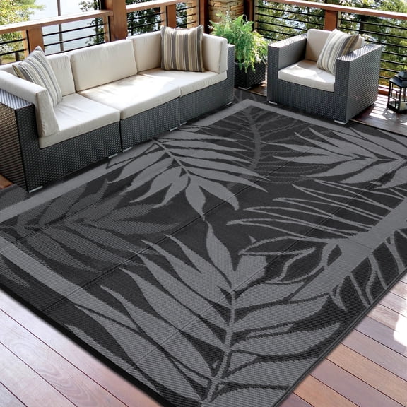 Haperlare 8'x10' Outdoor Rug Reversible Waterproof Geometric Floral Outdoor Carpet, Modern Portable Camping Mat Plastic Patio Rug for Balcony Deck Picnic, Black Gray
