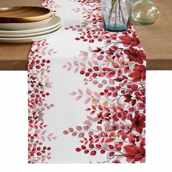 Red Eucalyptus Leaves Table Runner, Summer Botanical Weeping Washable Cotton Linen Table Runners 90 Inches Long, Dresser Scarf Runner for Dining/Coffee/Kitchen/Hallway Tables 13''x90''