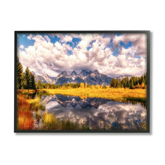 Stupell Industries Cloudy Mountain Pond Nature Photography Black Framed Art Print Wall Art, 14 x 11