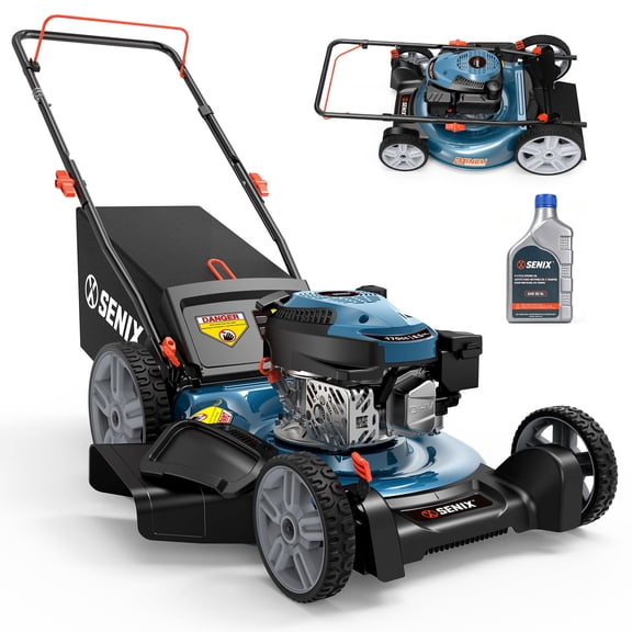 SENIX Gas Lawn Mower 21in Cutting Blade 22in Cutting Deck, 144cc 4-Cycle Engine, 3-In-1, 6-Height Adjustment, 11" Rear Wheels, LSPG-M14