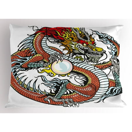 Drama Queen Dragon - Dragon Pillow Sham Traditional Chinese Creature Holding A Large Pearl Zodiac Signs Folk Tattoo Graphic, Decorative Standard Queen Size Printed Pillowcase, 30 X 20 Inches, Multicolor, by Ambesonne
