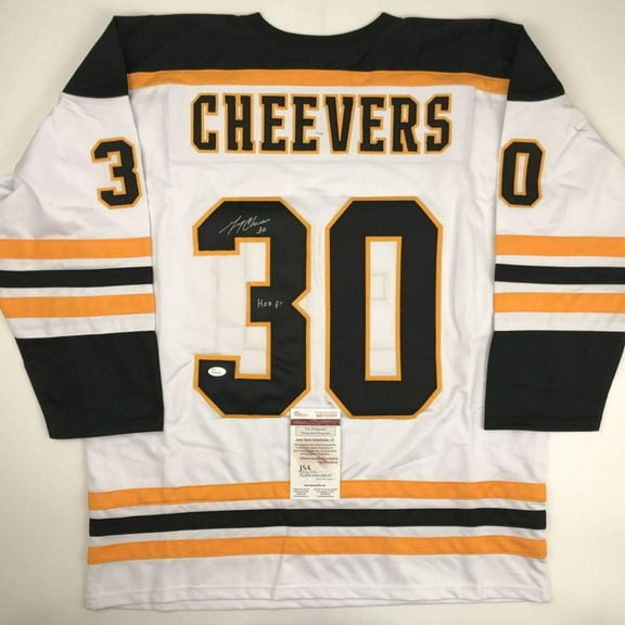 Autographed/Signed Gerry Cheevers HOF 85 Boston White Hockey Jersey JSA COA