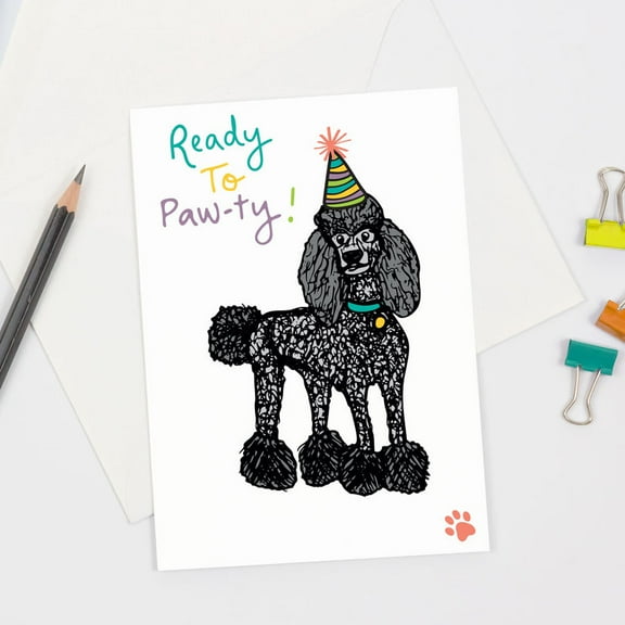 Birthday Card for Dog Lovers – "Ready to Paw-ty!" Fun Poodle Illustration – Envelope Included, Blank Inside – Perfect Greeting Card for Pet Birthdays