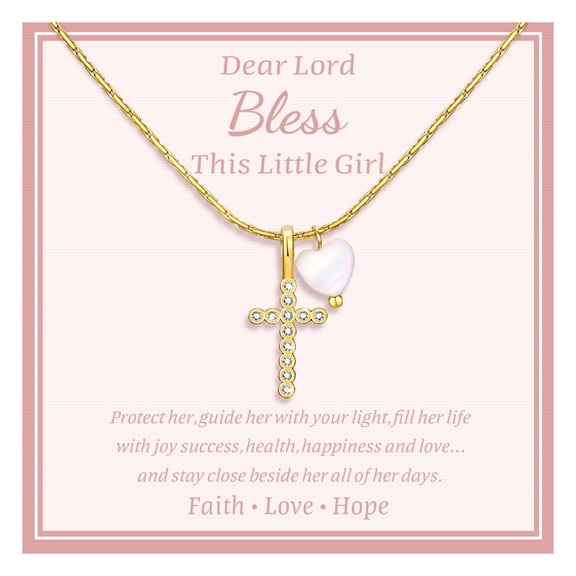 Gold Plated Pearl Heart Cubic Zirconia Cross Pendant Chain Necklace Christening Jewelry Baptism First Communion Confirmation Easter for Women