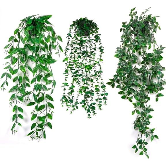 IRuiYinGo Artificial Hanging Potted Plants 3 Pack Fake Greenery Faux Plants in Plastic Pots for Indoor Outdoor Home Office Wall Decor