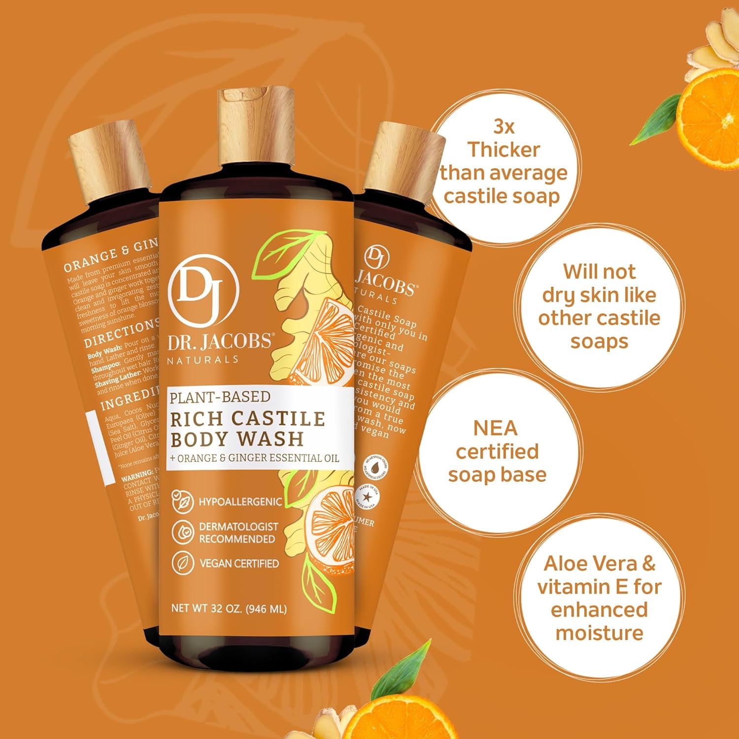 Dr Jacobs Naturals Castile Soap Body Wash Plant Based Liquid Soap, Orange & Ginger 32 Oz 2-Pack