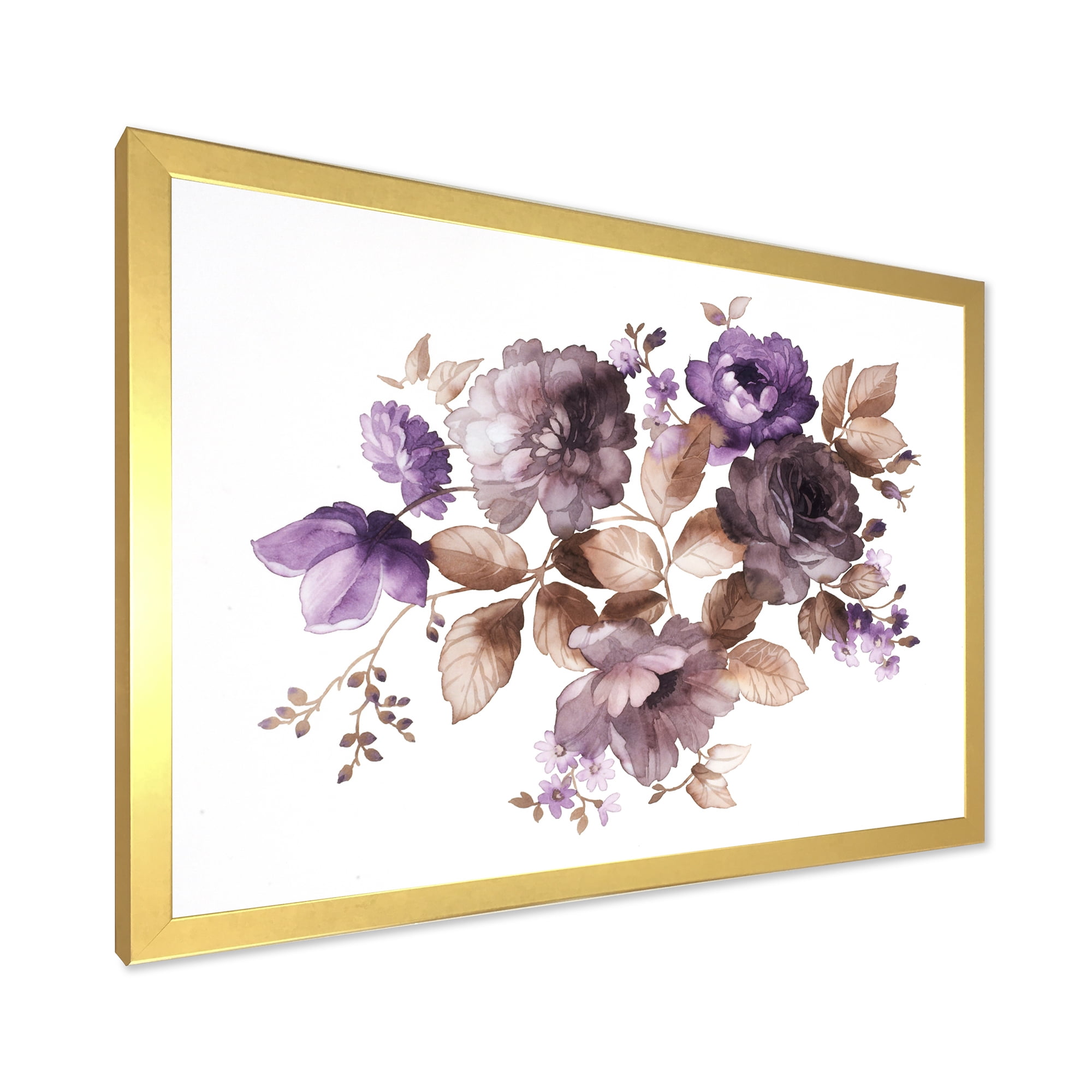 Designart 'Purple Retro Flowers With Brown Leaves On White' Traditional Framed Art Print