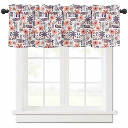 Rod Pocket Window Valances Summer Tropical Palm Tree Orange Flower Short Kitchen Curtains Abstract Fish Window Treatment Drapes for Bedroom Bathroom Living Room 54x18In 1 Panel