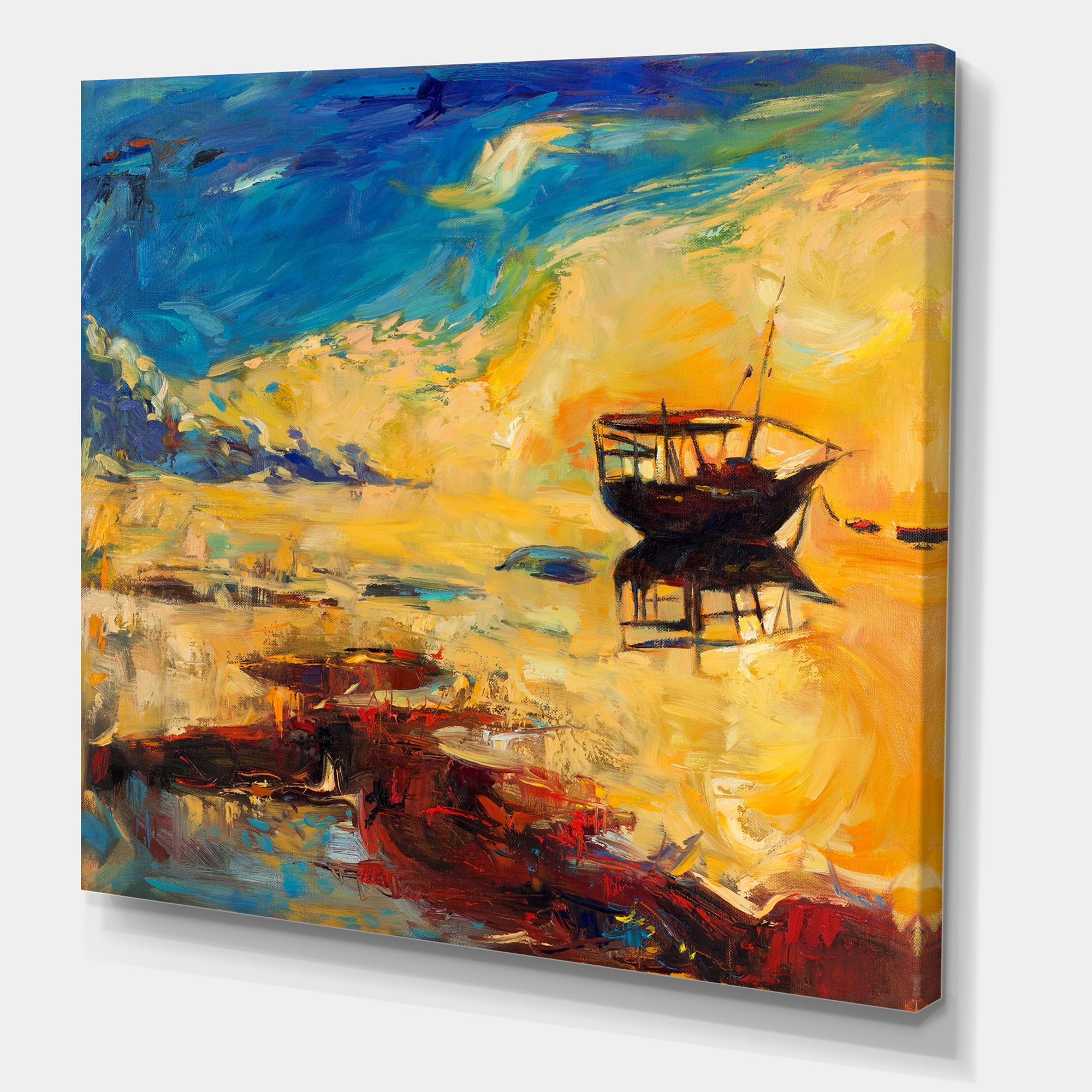 Designart ' Abstract Boat At The Ocean Horizon During Sunset ' Nautical & Coastal Canvas Wall Art Print