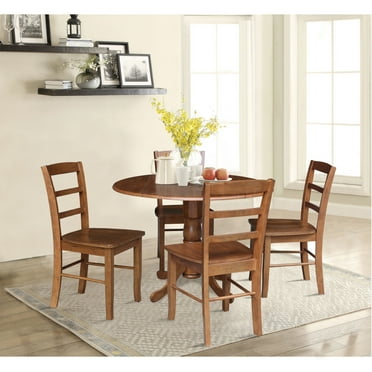 42" Solid Wood Dual Drop Leaf Pedestal Dining Table with 4 Madrid Ladder Back Chairs in Distressed Oak by International Concepts