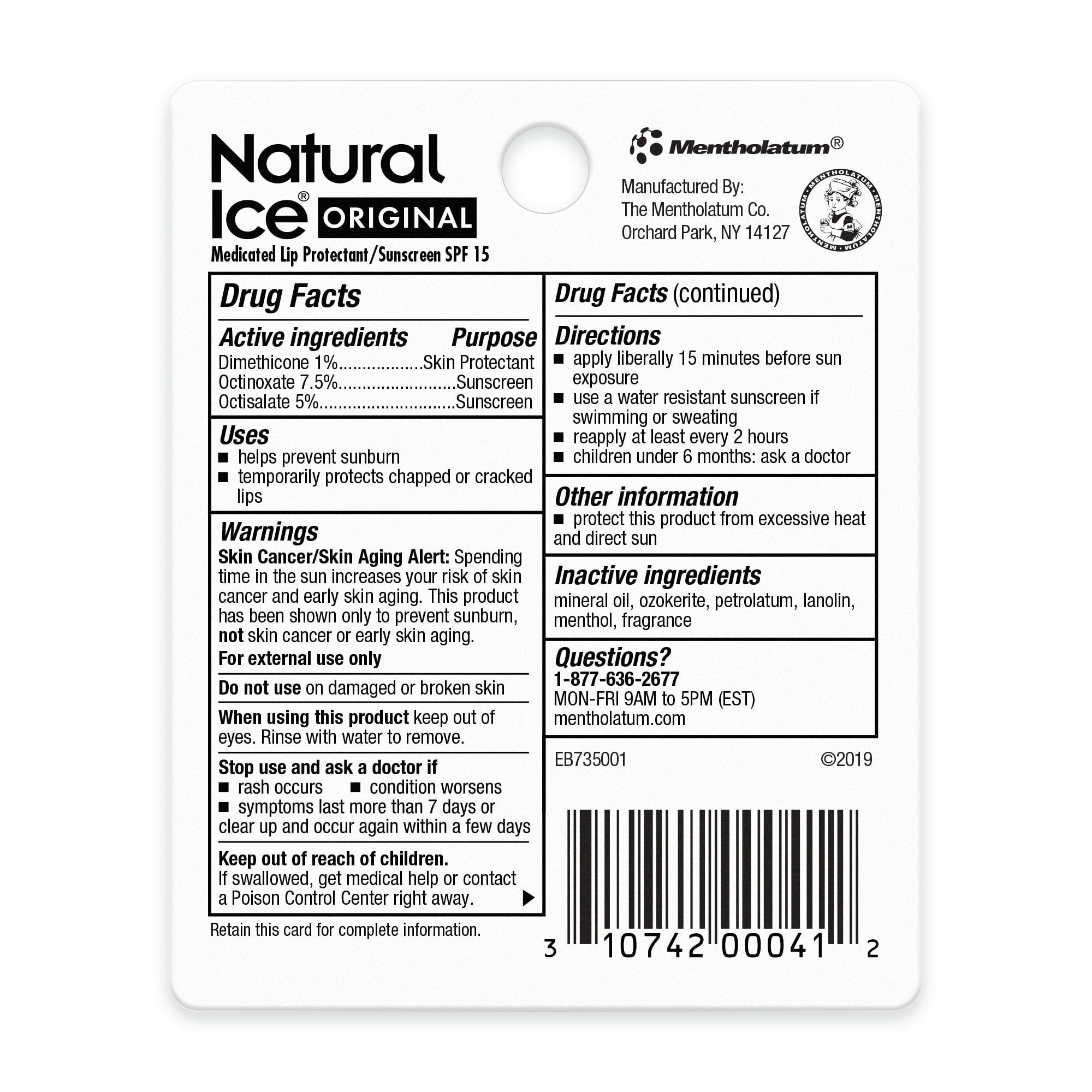 Mentholatum Natural Ice Lip Balm Original SPF 15, 1 Each (Packs of 48)