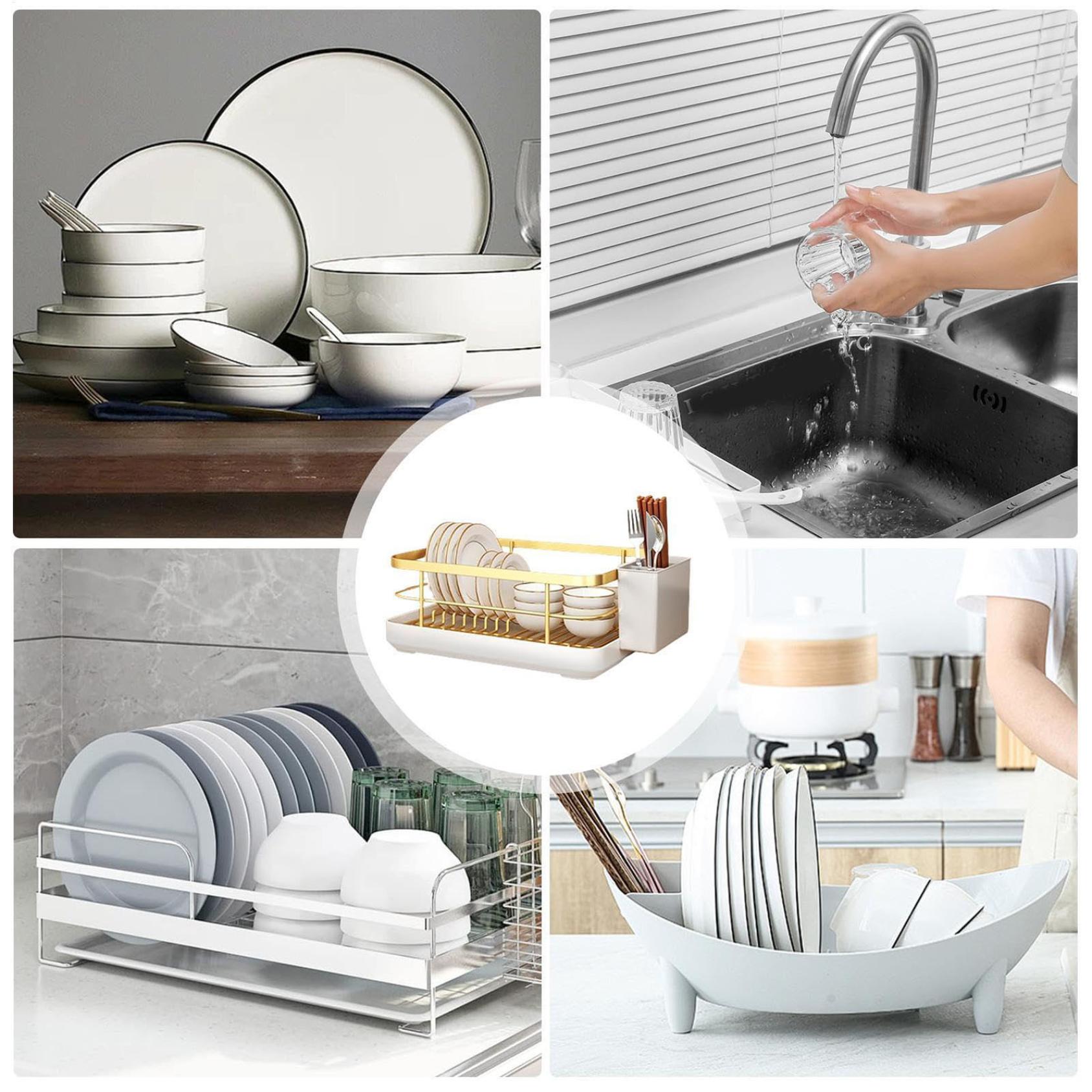 KMWGRE Dish Drying Rack for Kitchen Counter - Cutlery Drainer with Utensil Holder | Dish Organizer, Drying Dish Rack with Tray for Bowls and Plates,13.39''L x 10.24''W x 6.3''H
