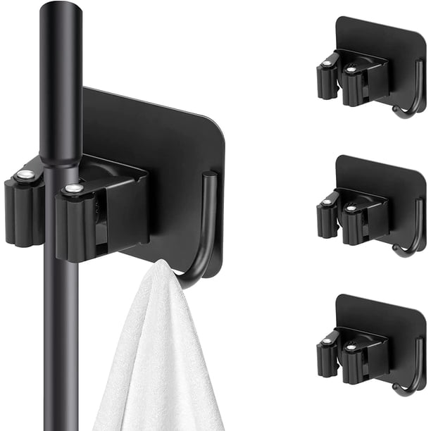 RV Juego de 4 soportes para escoba montados en la pared (negro) Soporte para escobas montado en la pared Sin taladrar Soporte autoadhesivo para fregona con ganchos Almacenamiento Cocina Ahorro de espacio para baño Jardín Garaje Hogar brillar Electrónica