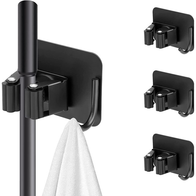 Juego de 4 soportes para escoba montados en la pared (negro) Soporte para escobas montado en la pared Sin taladrar Soporte autoadhesivo para fregona con ganchos Almacenamiento Cocina Ahorro de espacio
