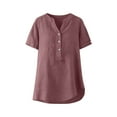 thumbnail image 3 of Linen Womens V-Neck Short Sleeve Tops Half Placket Button Solid Color Shirts 2026 Casual Daily Party Spring Summer Clothes, 3 of 6