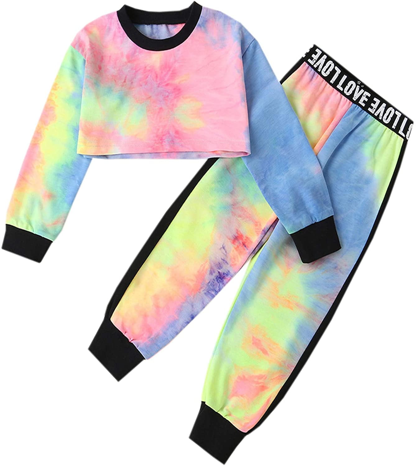 Borlai Kids Girls Tie-Dye Clothes Set Short/Long Sleeved Crop Top Sweatshirt Pants Outfits Suit 1-9 Years