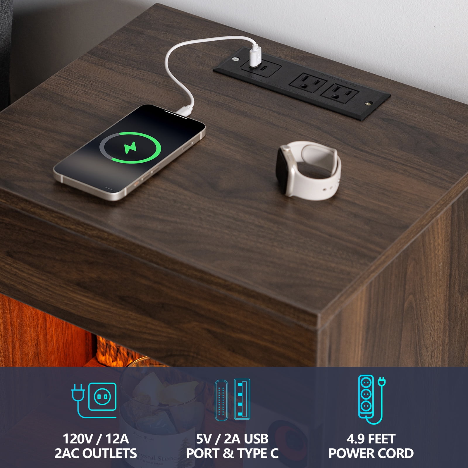 Hommpa Nightstand with Charging Station Nightstands with 2 Drawer Open Shelf Nightstands Dark Walnut Nightstands High Gloss LED End Table Nightstands for Bedroom Living Room Furniture 23.6" Tall