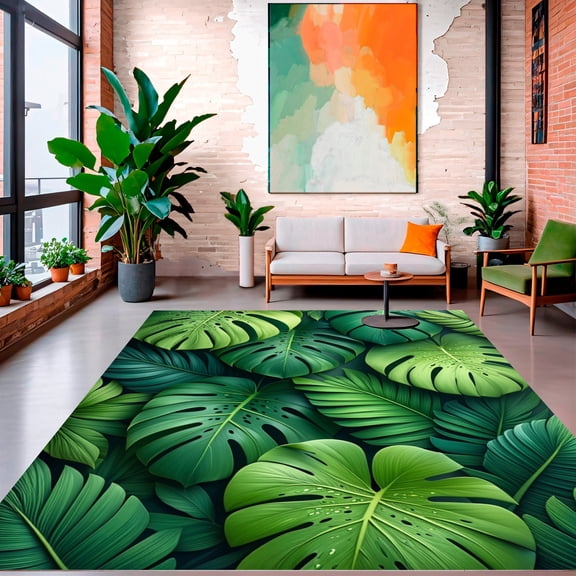 ODIKA 4'x6' Machine Washable Non-Slip Area Rug, Tropical Monstera Leaf with Jungle Botanical Motifs High Traffic Rug, Green, 133958