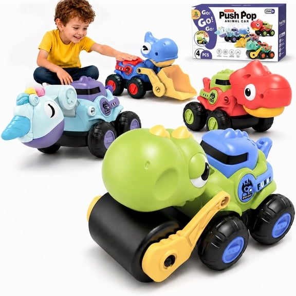 Awecheer Toddler Toys, Dinosaur Monster Trucks and Construction Cars,Press and Go Vehicles for 1 2 3 Year Old Boy and Girl,Sensory Play Birthday Gifts,4-Pack